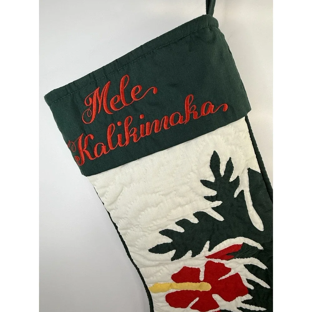 Hawaiian CHRISTMAS STOCKING 100% hand quilted/appliquéd Red Hibiscus Green 20